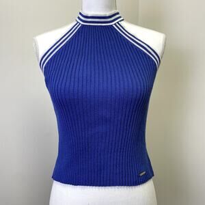 St John Sport by Marie Gray Blue Ribbed Knit Halter Tank Top S Striped